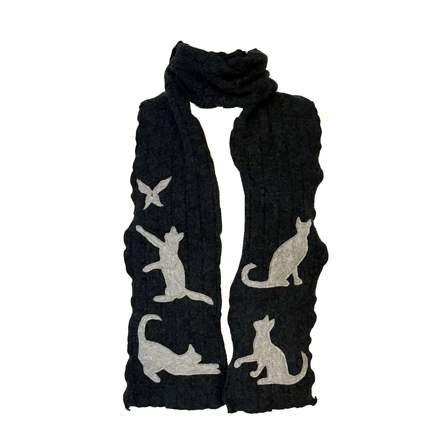 Charcoal grey cashmere scarf with light grey cat and bird appliqués in playful poses, handmade and eco-conscious.