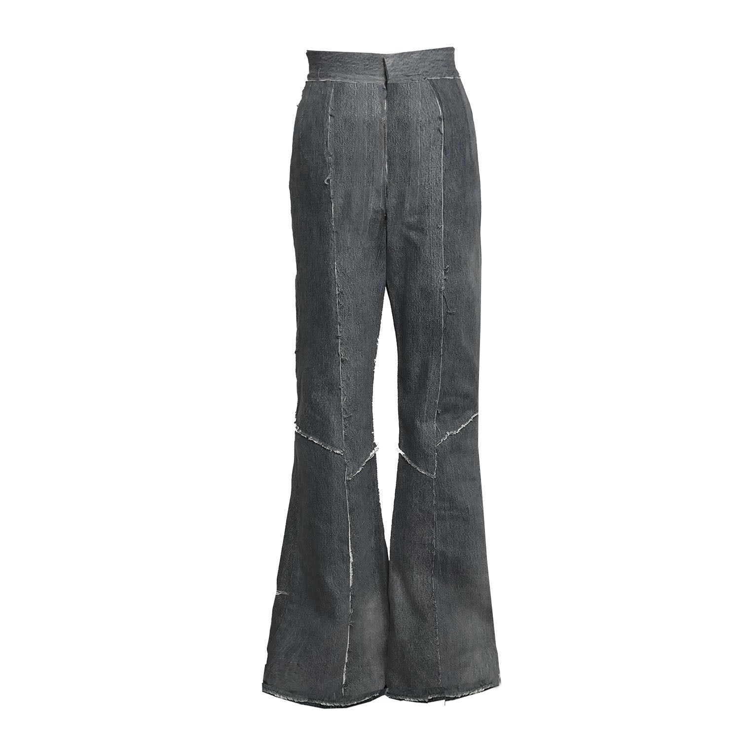 back Cher Jean in Distressed Black – upcycled high-waisted black denim flare jeans with raw-edged panel seams and smooth back zip closure.