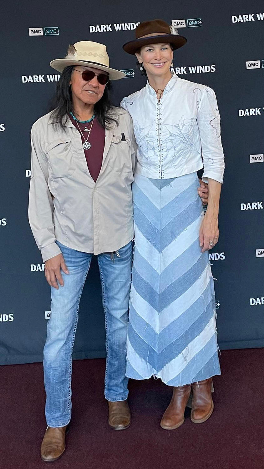 Chevron maxi skirt made from reclaimed denim in varying washes, with a high waist and raw edge  model