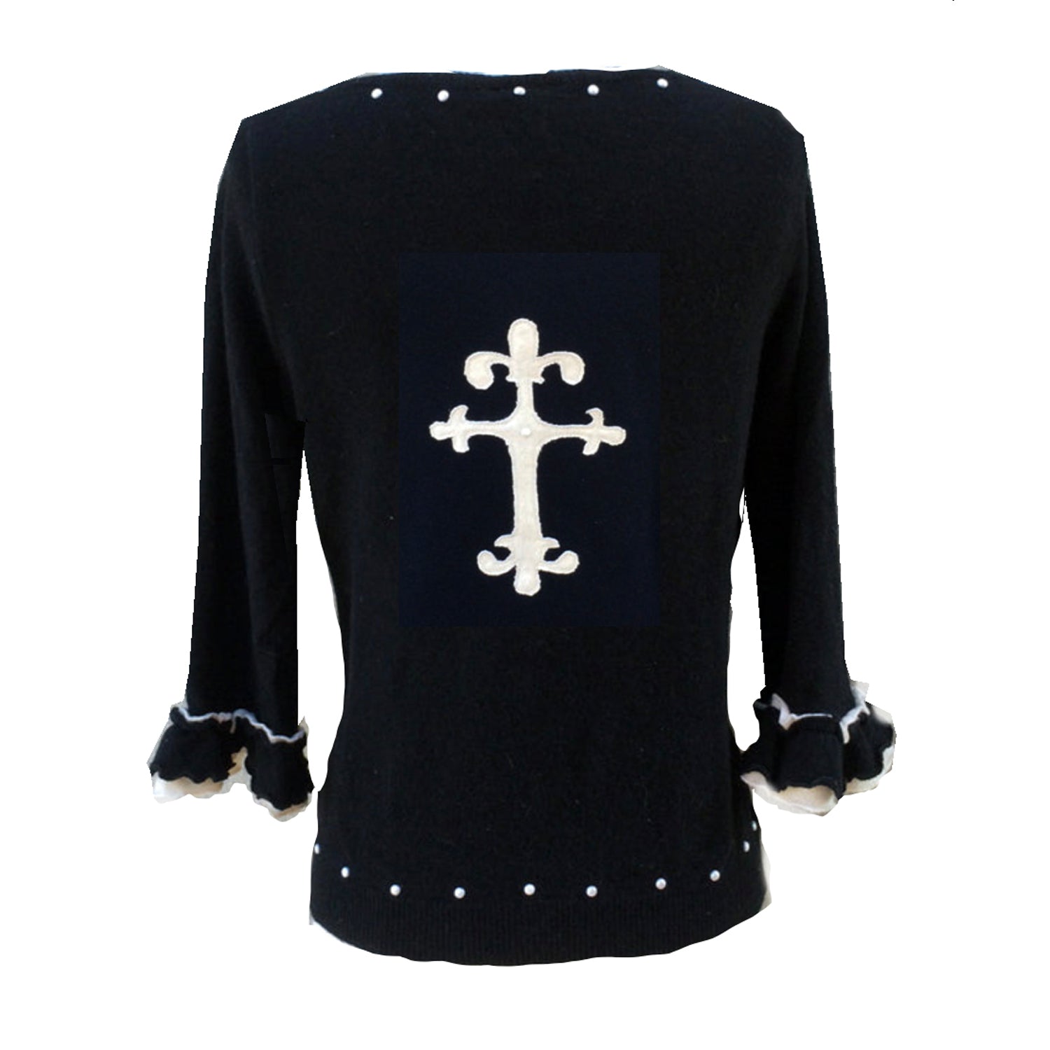 back Black cashmere ruffle-sleeved cardigan with cross appliqué and pearl embellishments.