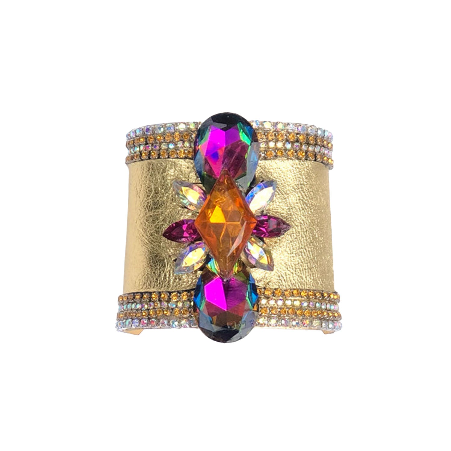 Gold leather Deco cuff with multicolor vintage rhinestones