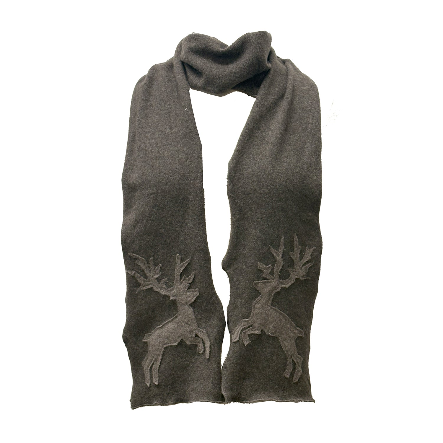 A reincarnated cashmere scarf in earthy brown heather, with tonal deer appliqués.