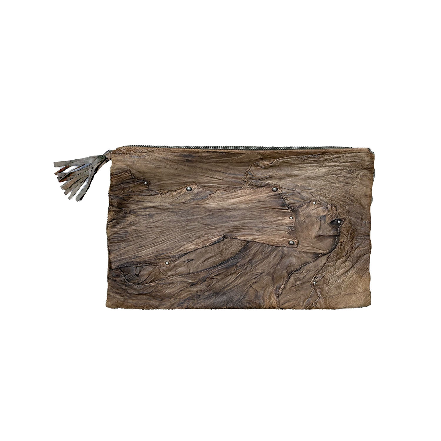 Reincarnated Mixed Leather Clutch  in desert tones.  Studded Edition