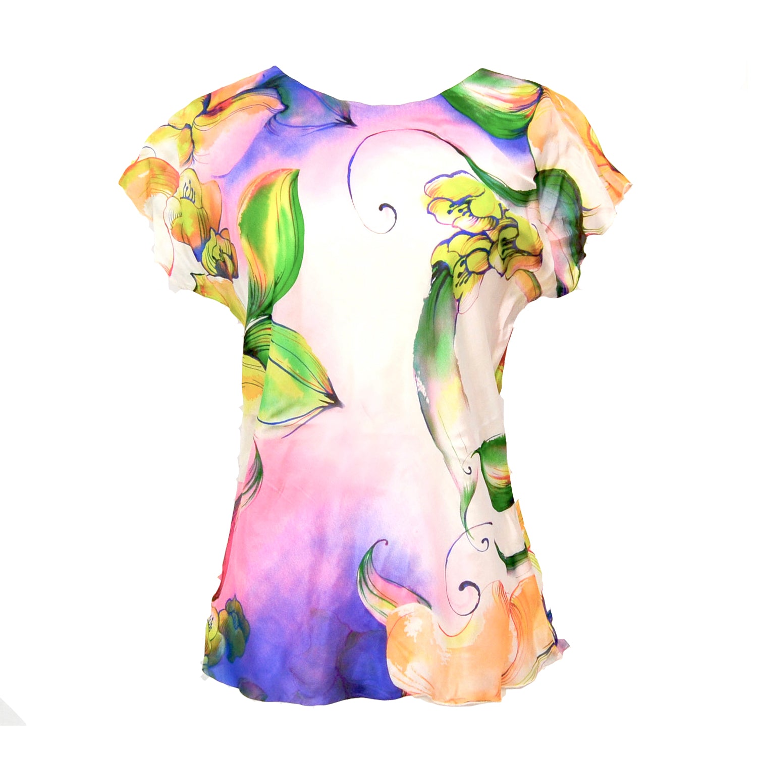 Brightly colored silk blouse with cap sleeves and abstract swirl print in pink, green, yellow, and purple tones.