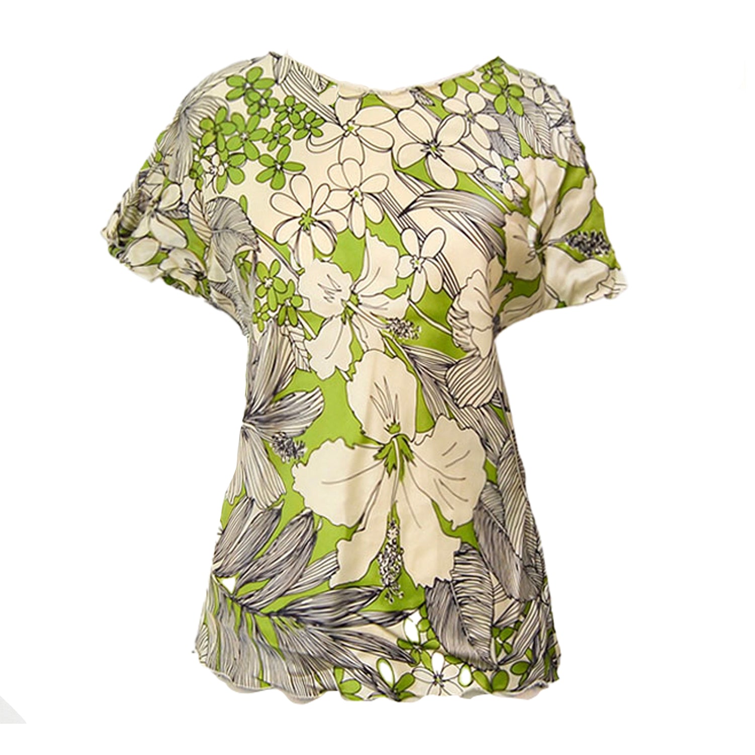 Silk blouse with tropical hibiscus print in green, black, and cream tones, featuring cap sleeves and a bias-cut fit.
🔍 Meta Description
Doris Blouse in vintage hibiscus floral silk. Bias-cut for a breezy fit, this top blends ease and elegance. Made in California from deadstock fabric.
