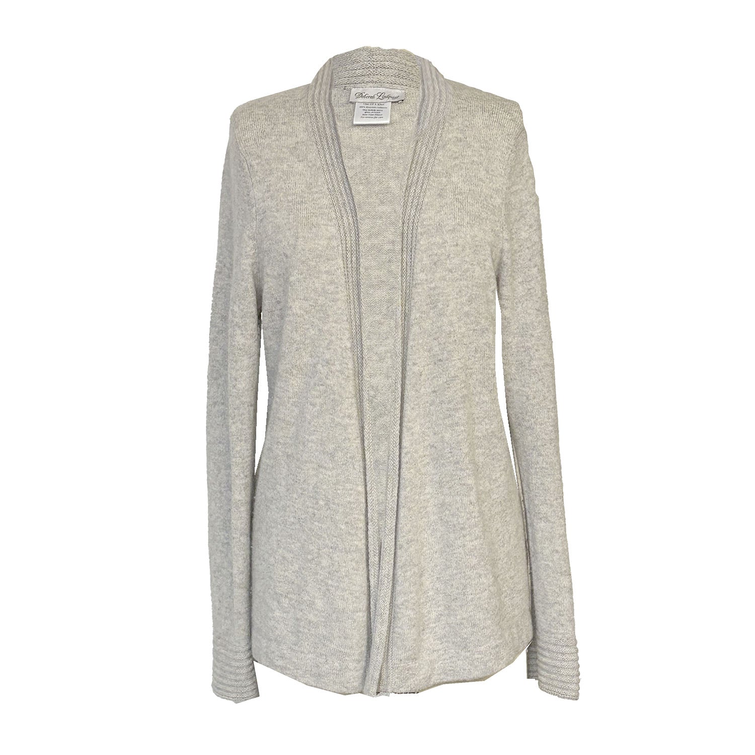 Heather grey cashmere wrap sweater with white dove and olive branch appliqué on back — one-of-a-kind vintage design.