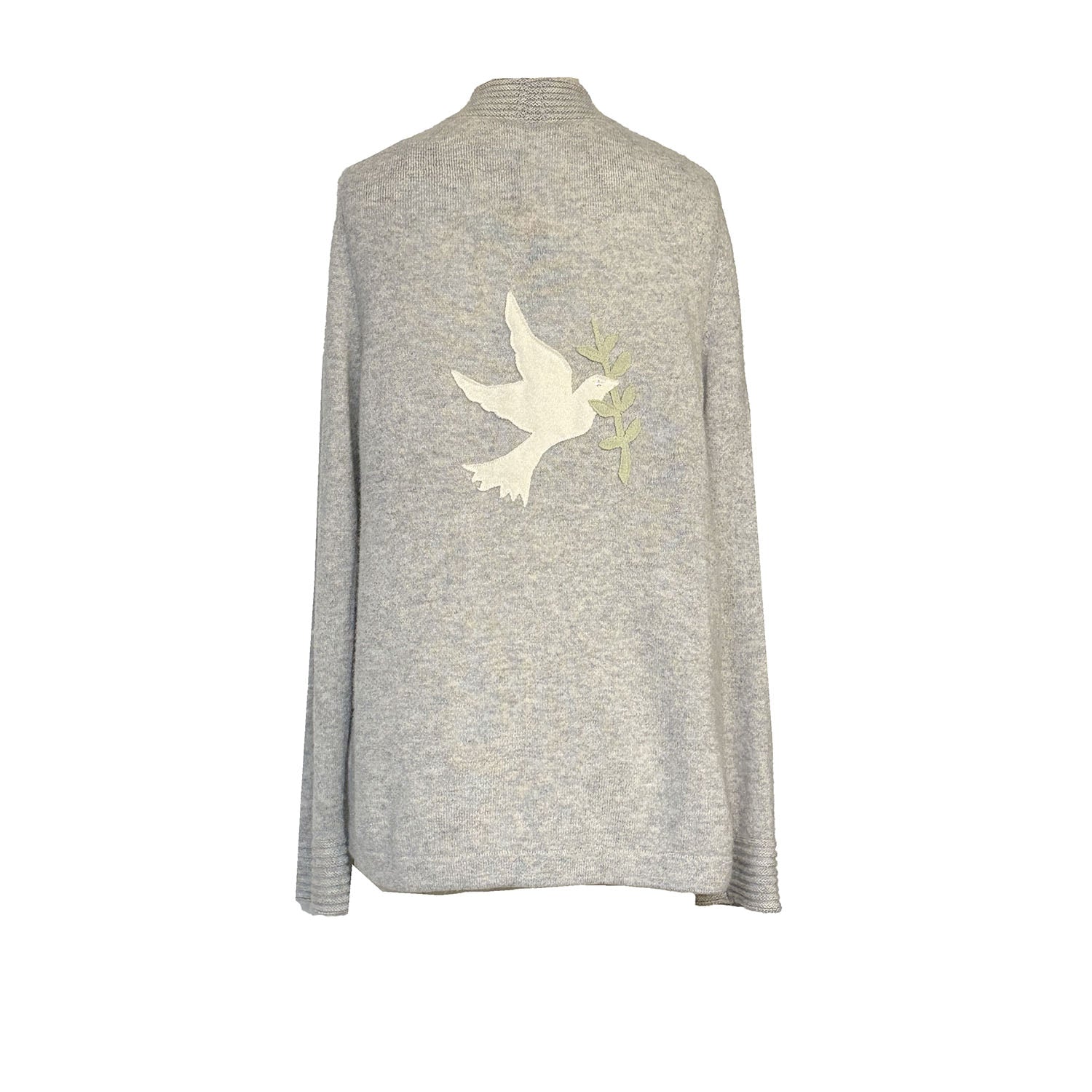 Heather grey cashmere wrap sweater with white dove and olive branch appliqué on back — one-of-a-kind vintage design.
