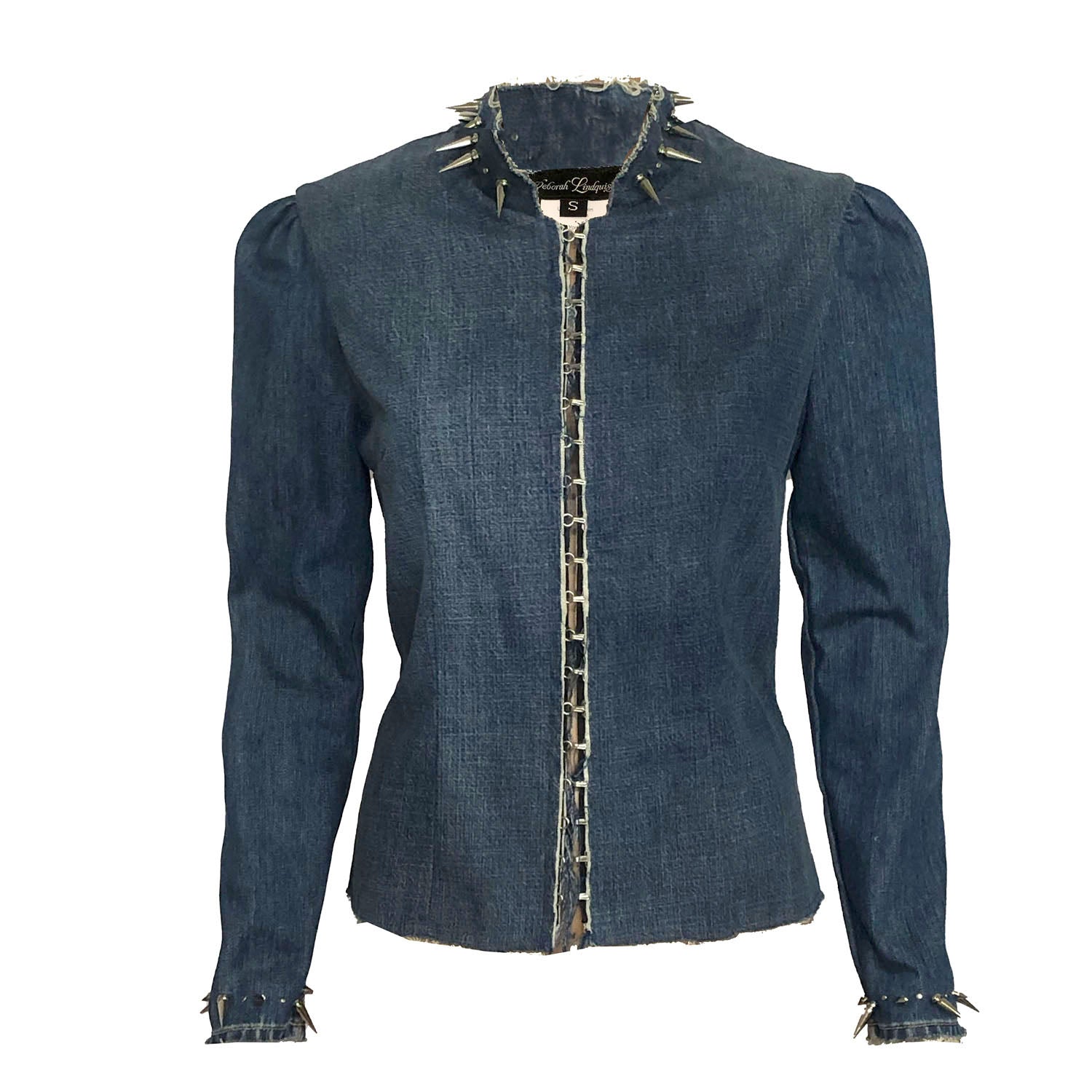 Elara Jacket in upcycled blue denim with brass spikes, fitted glam punk jacket by Deborah Lindquist