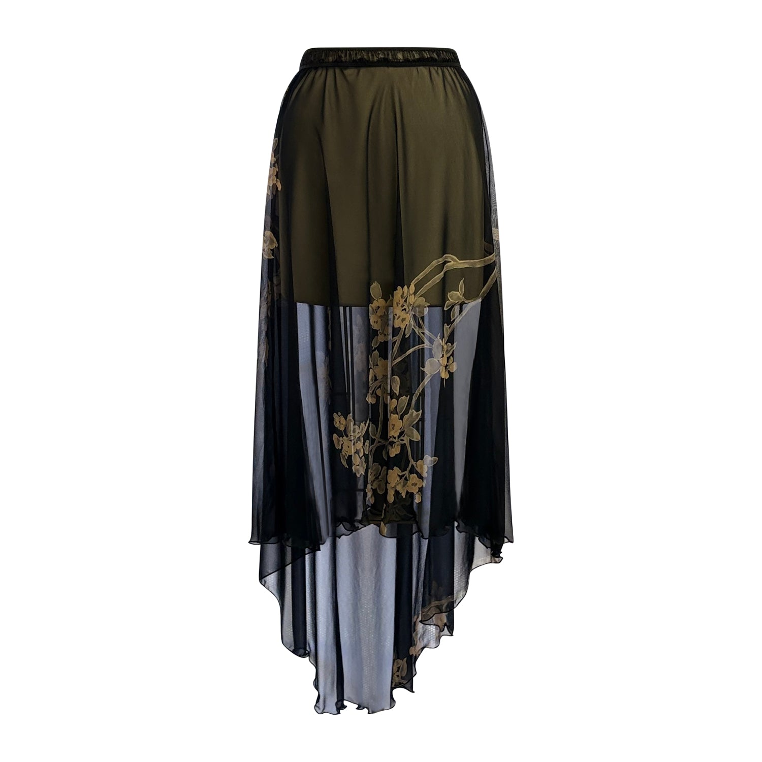 Sheer high/low silk chiffon skirt with black floral print and olive underlayer — Faela Skirt, one size fits most.
