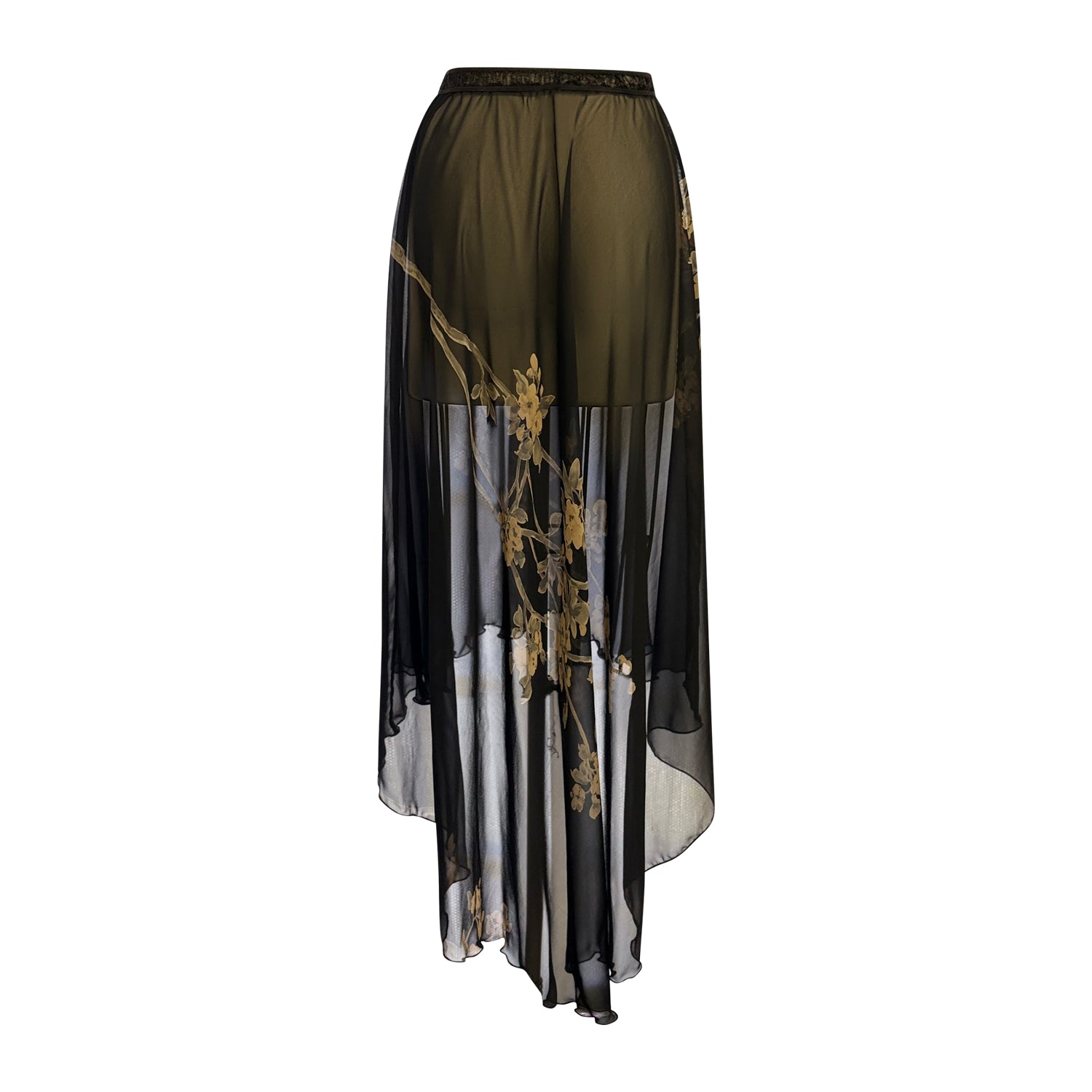 Sheer high/low silk chiffon skirt with black floral print and olive underlayer — Faela Skirt, one size fits most.