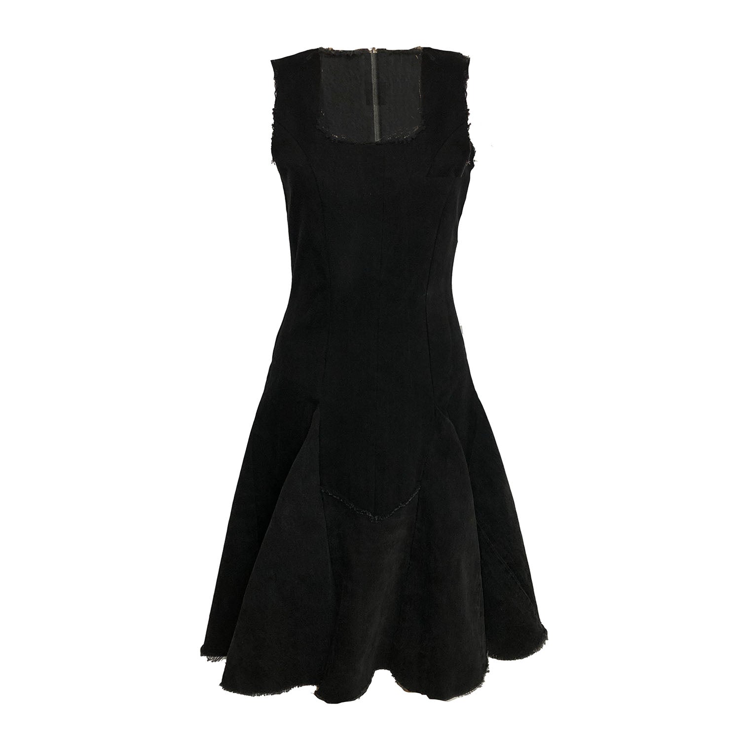 Lucy Dress – black upcycled denim fit-and-flare dress with raw-edged hem and exposed back zipper, sleeveless and paneled.