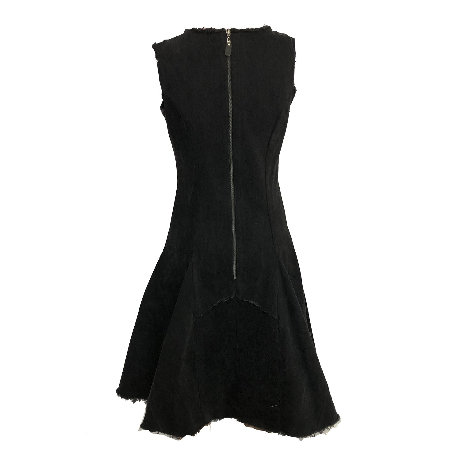back Lucy Dress – black upcycled denim fit-and-flare dress with raw-edged hem and exposed back zipper, sleeveless and paneled.