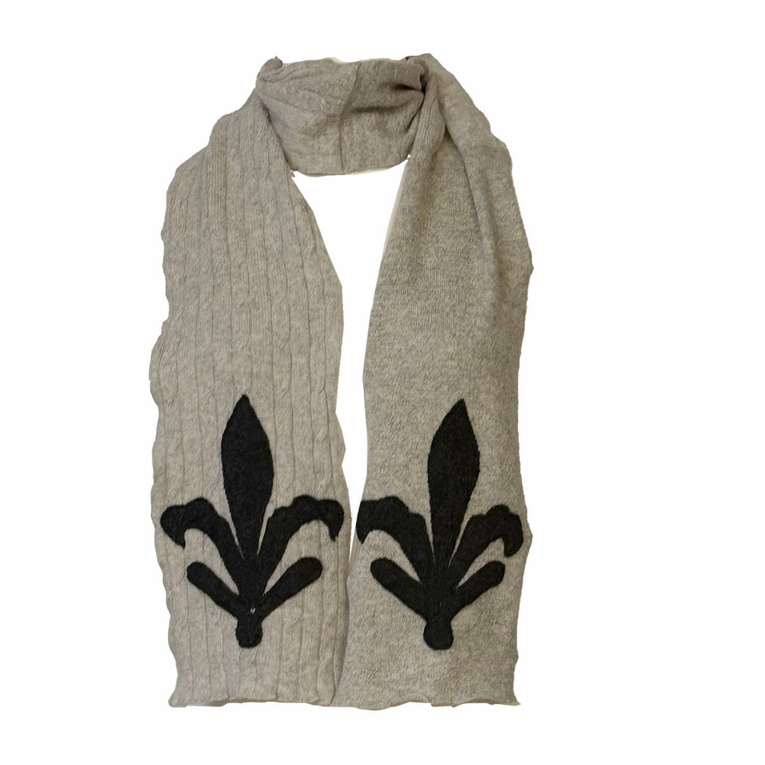 Grey cashmere scarf with black fleur-de-lis appliqué on both ends, made from upcycled materials.