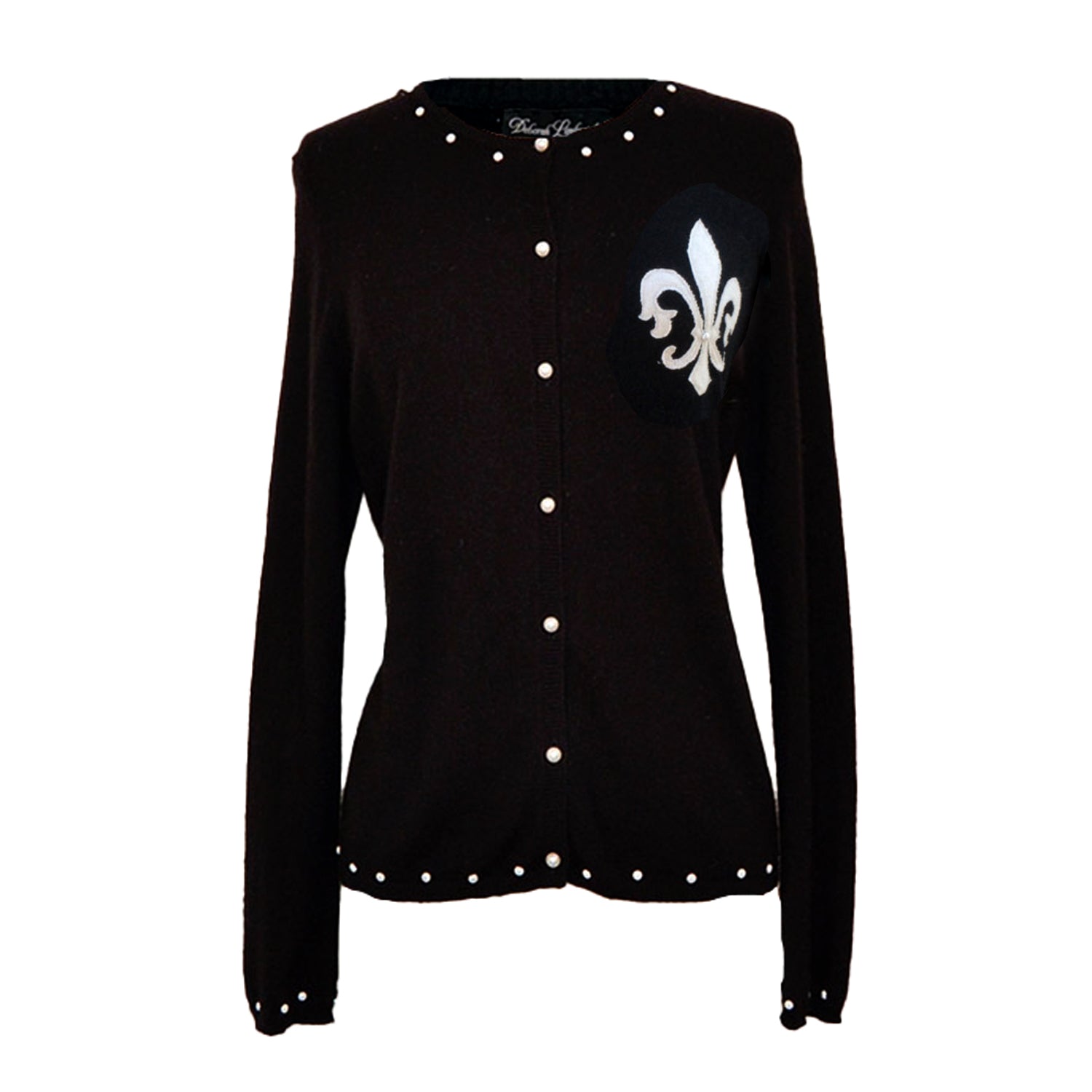 Black reincarnated cashmere cardigan with Fleur de Lys appliqué and pearl stud embellishments, handmade from upcycled sweaters.