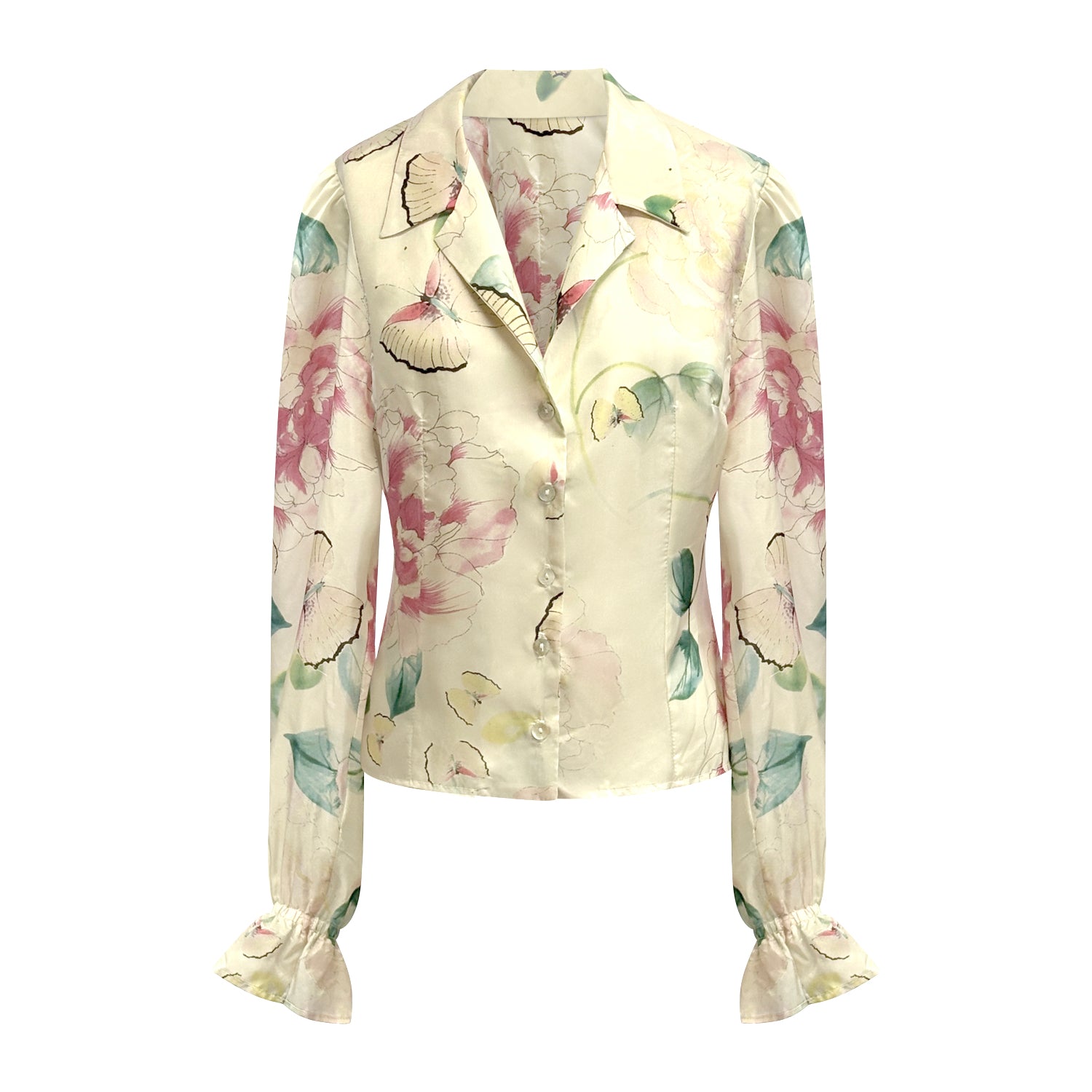 Silk floral blouse with tailored notched collar, puffed long sleeves, and ruffled elastic cuffs in soft pastel tones.