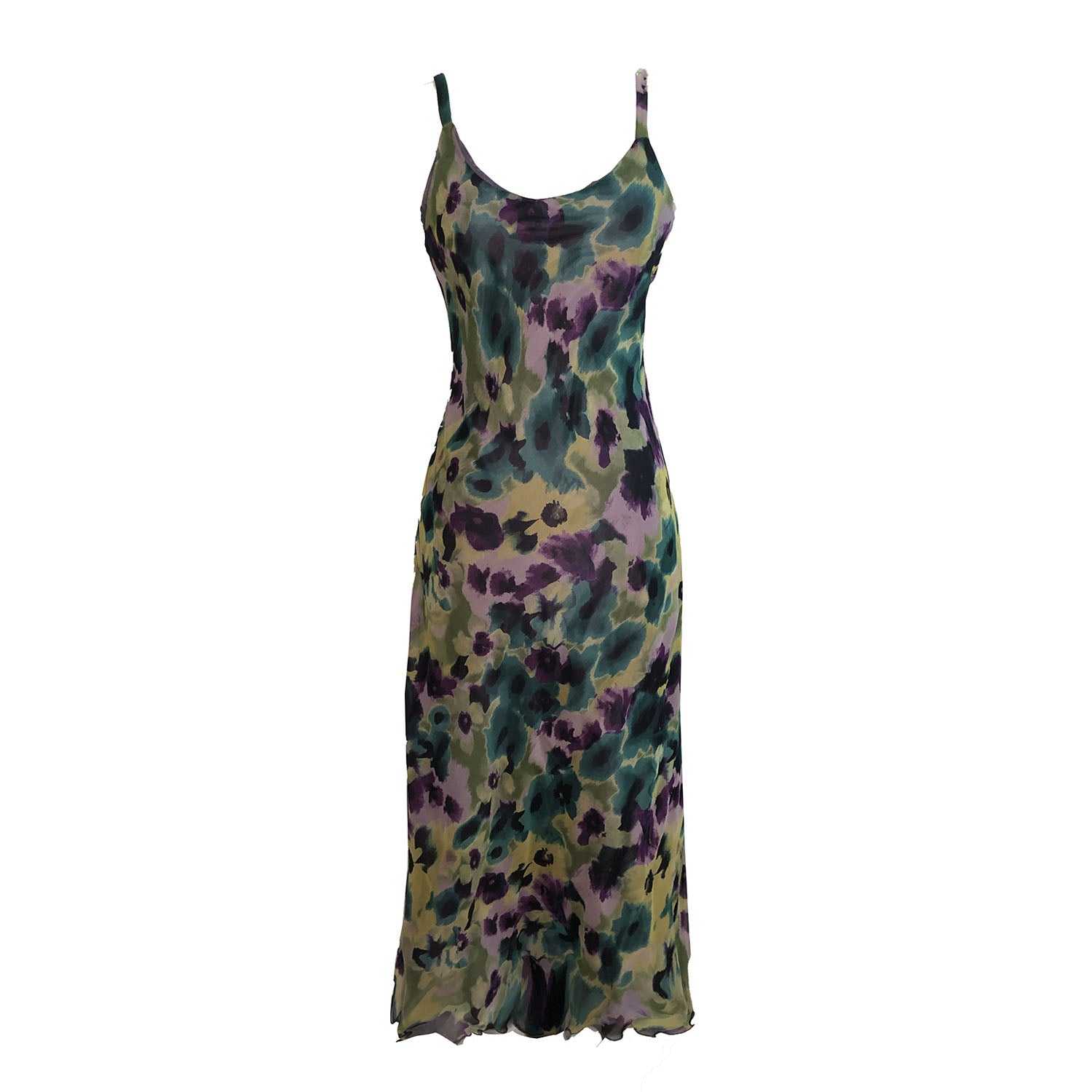 Monet-inspired floral silk chiffon slip dress with adjustable straps, bias-cut silhouette, and silk lining, made from limited deadstock fabric.