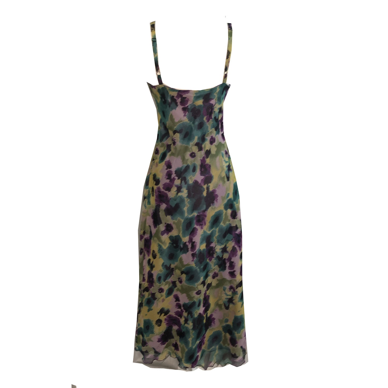 Monet-inspired floral silk chiffon slip dress with adjustable straps, bias-cut silhouette, and silk lining, made from limited deadstock fabric.