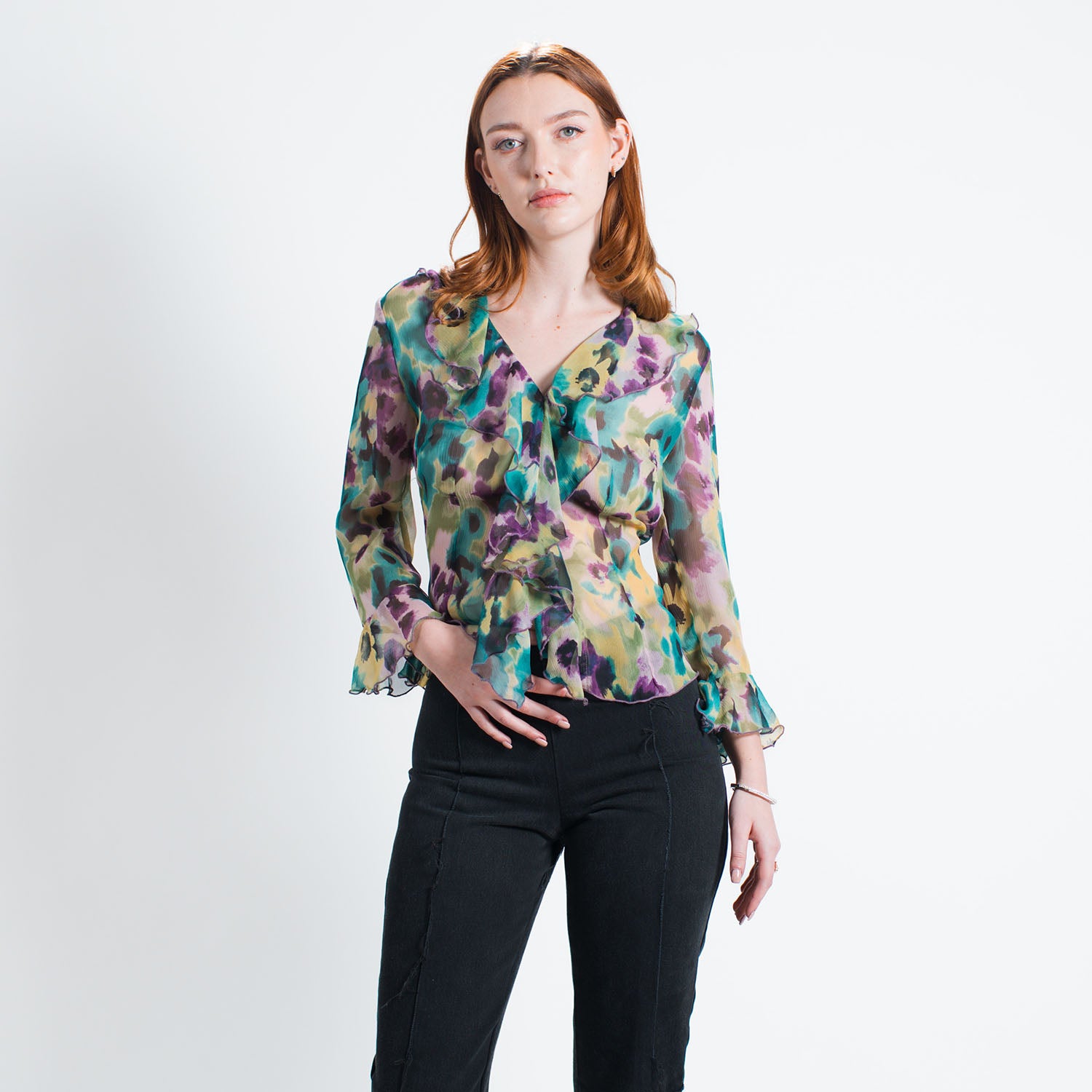 monet silk chiffon blouse on model