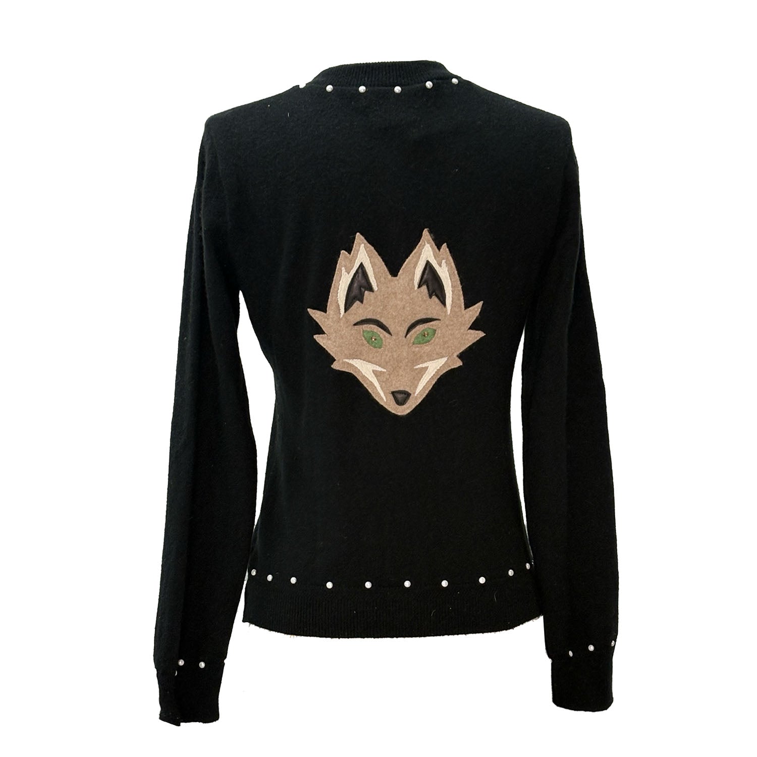 back: Fox Cardigan in black upcycled cashmere with front fox appliqué, pearl buttons, and rhinestone embellishments