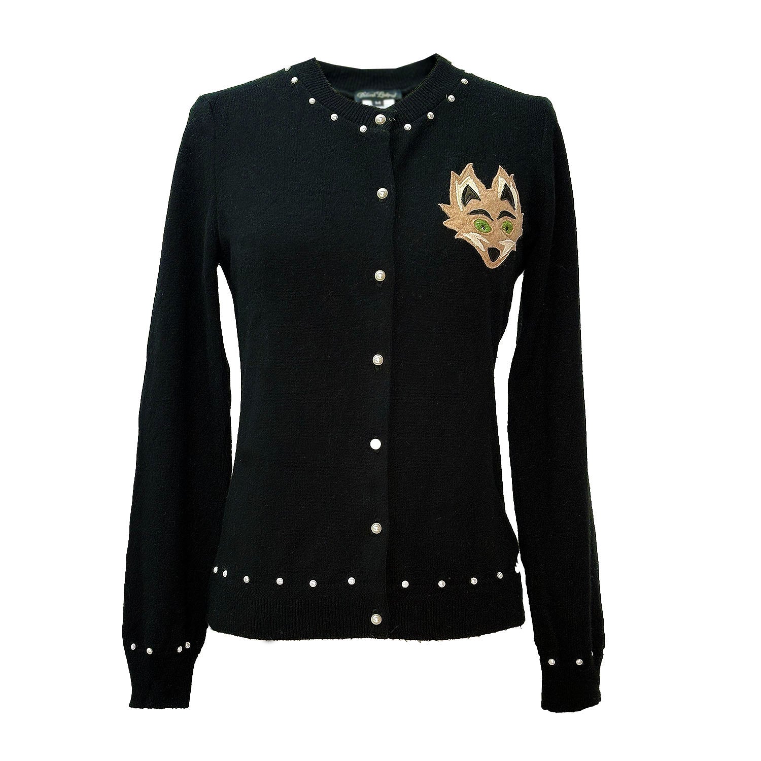 Fox Cardigan in black upcycled cashmere with front fox appliqué, pearl buttons, and rhinestone embellishments