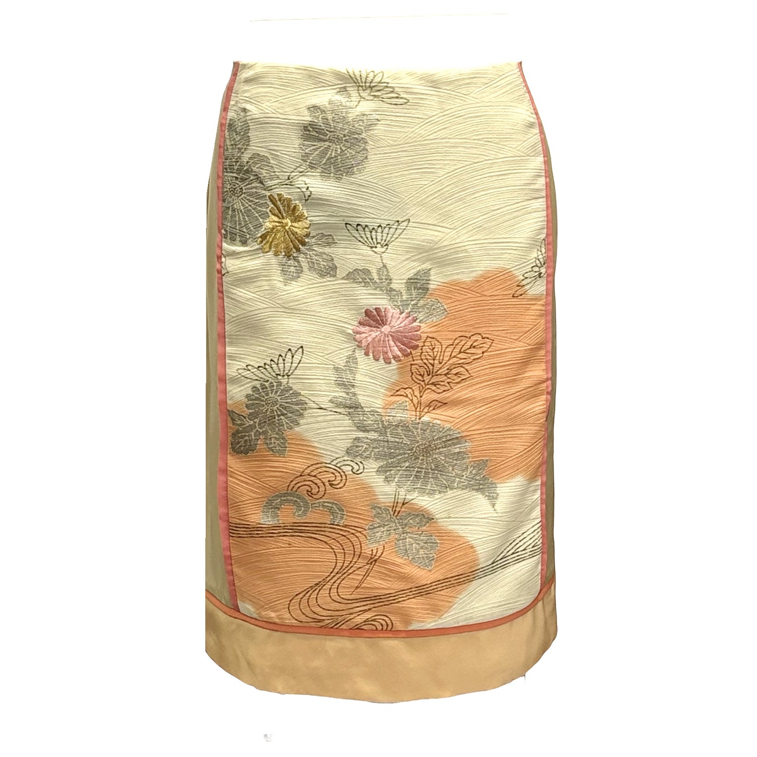 Grace Skirt Peach Floral in hand-painted vintage kimono silk with metallic gold and silver embroidery, peach motifs and silk trim.