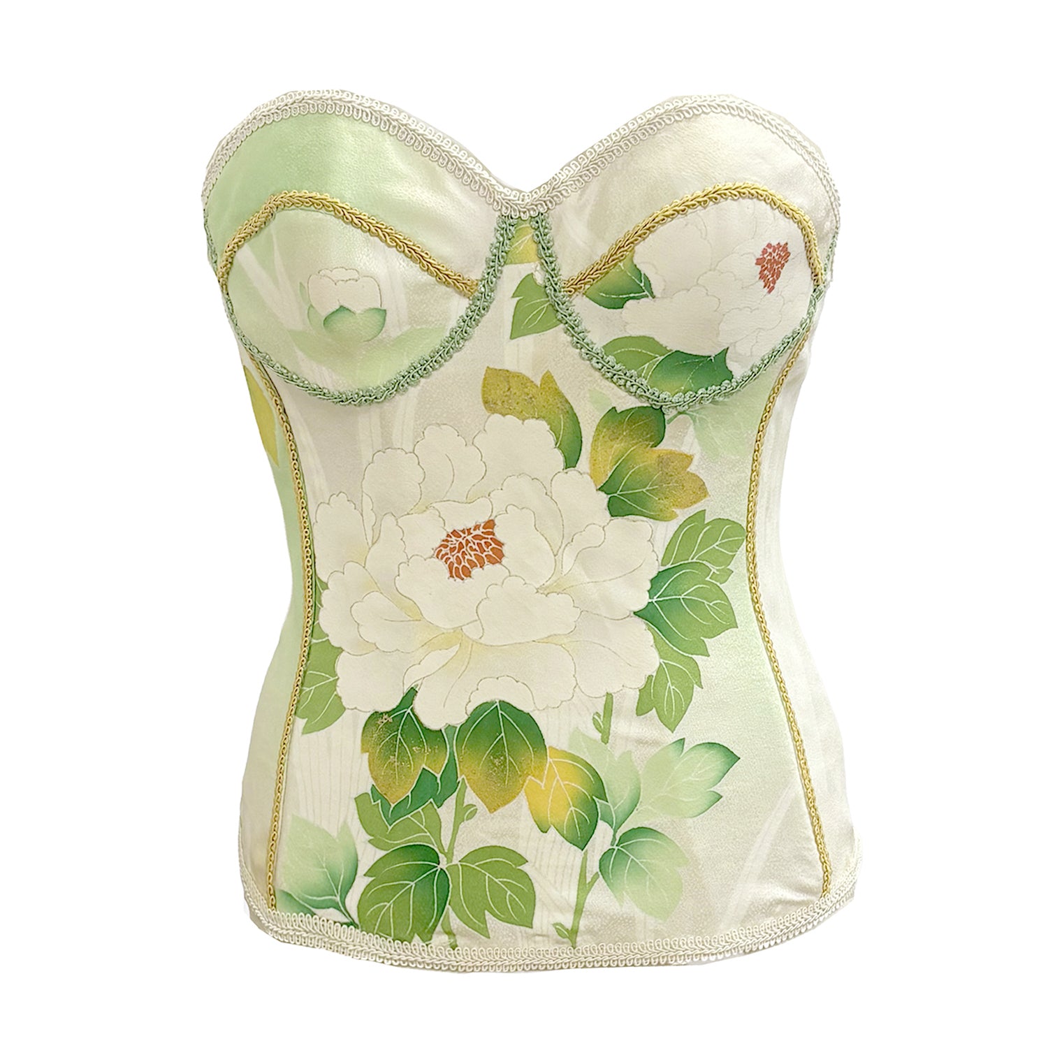 One-of-a-kind Grace bustier in ivory and green vintage Japanese silk kimono with floral motif