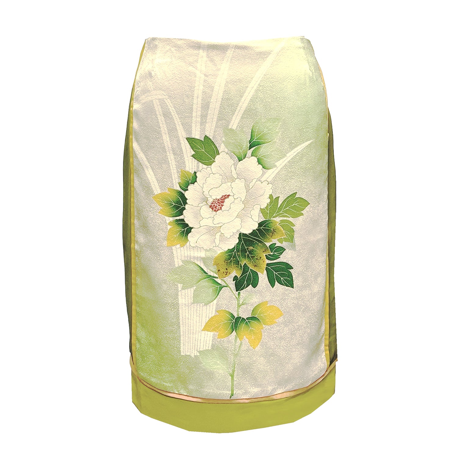 Grace Skirt Green Floral in hand-painted vintage silk kimono fabric with coordinating silk border and piping.
