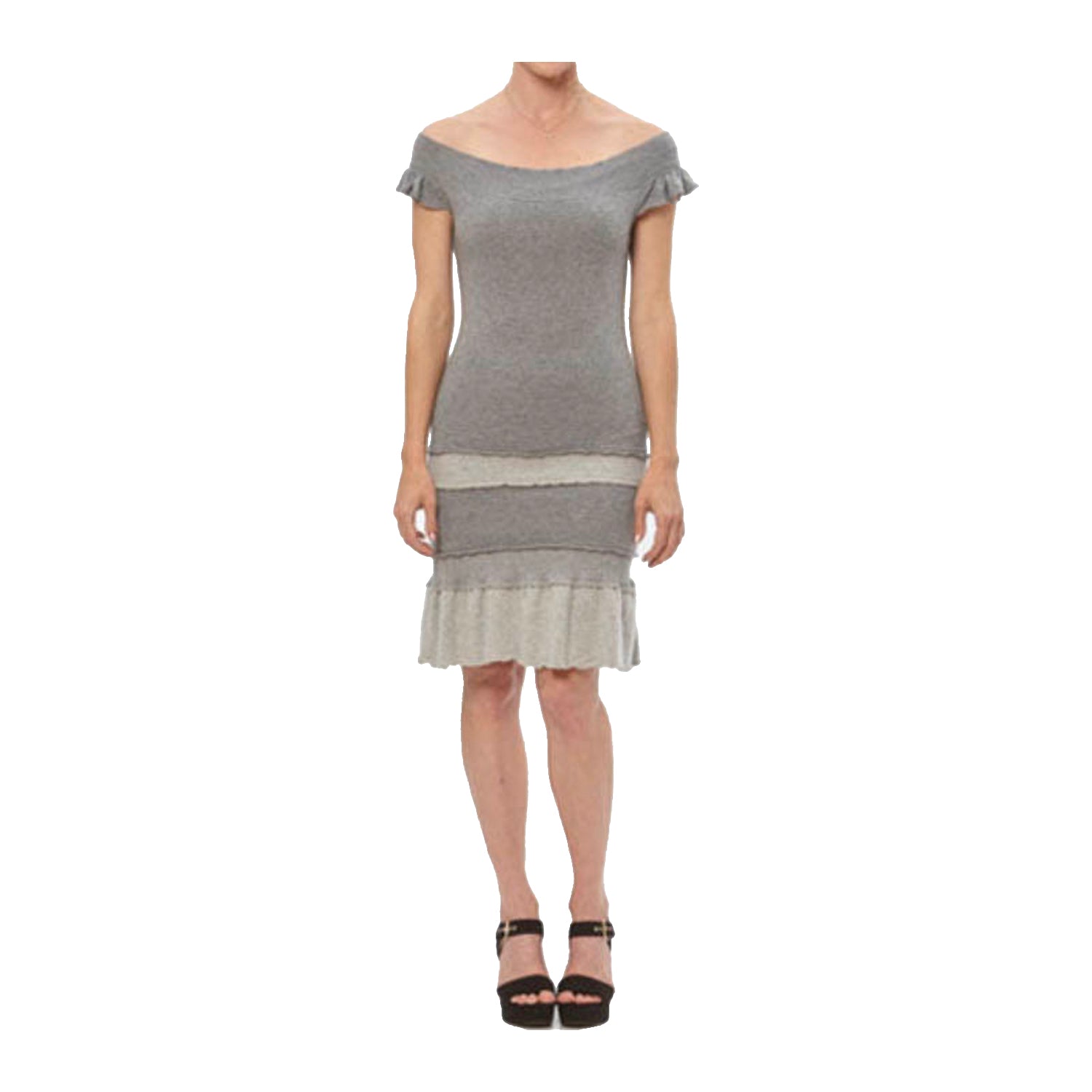 Grey heather cashmere mini dress with off-shoulder neckline, flutter sleeves, and ruffled skirt details.