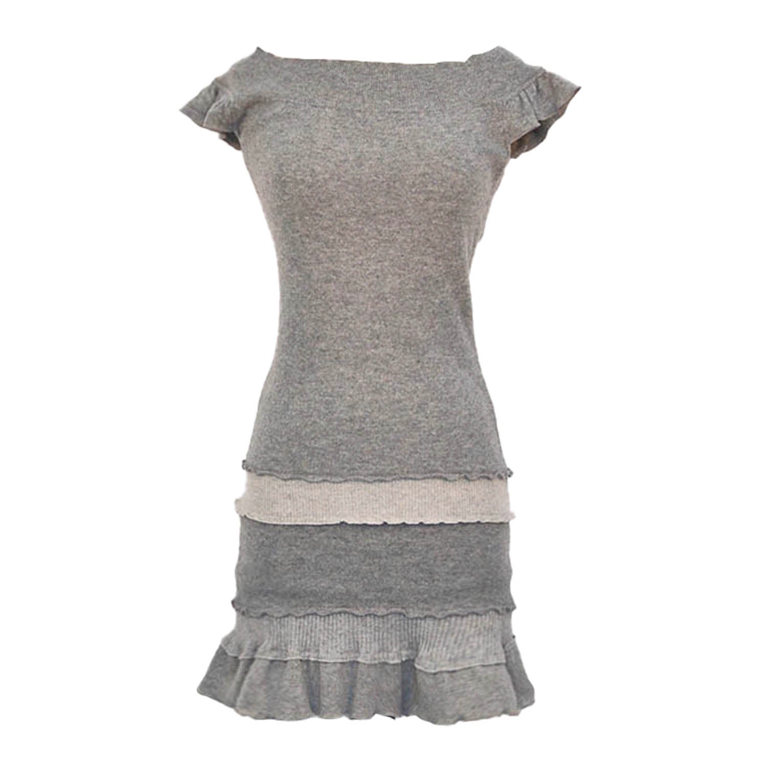 Grey heather cashmere mini dress with off-shoulder neckline, flutter sleeves, and ruffled skirt details.