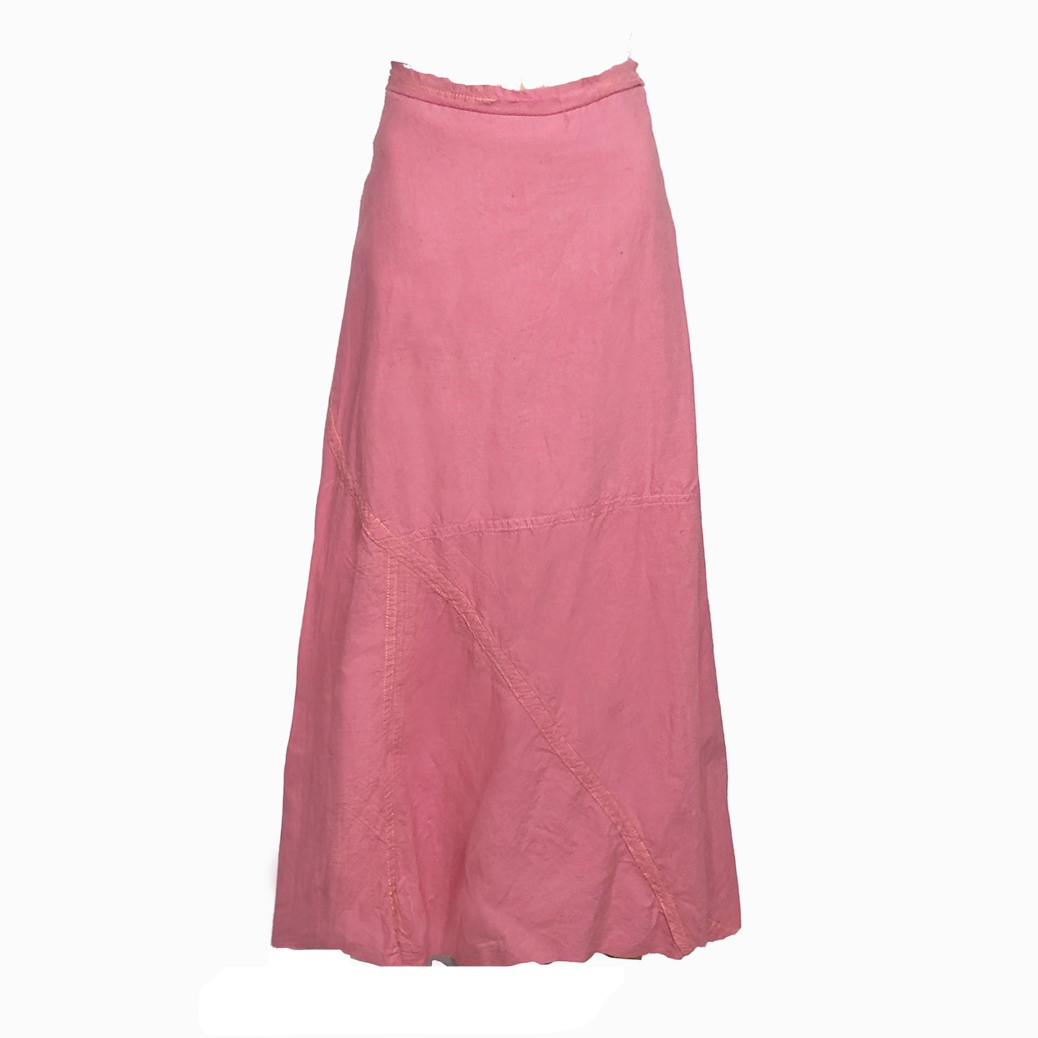 Soft pink cotton midi skirt in a bias-cut A-line silhouette, made from rare parachute fabric with visible seam detailing.