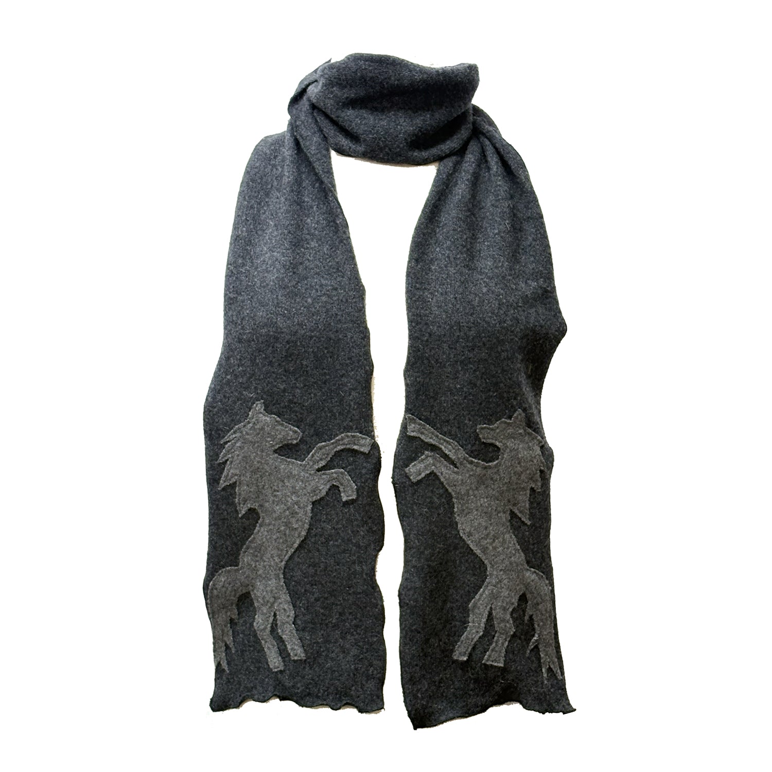 A reincarnated cashmere scarf in smoky greys with pale horse appliqués, rearing in mirrored motion. 