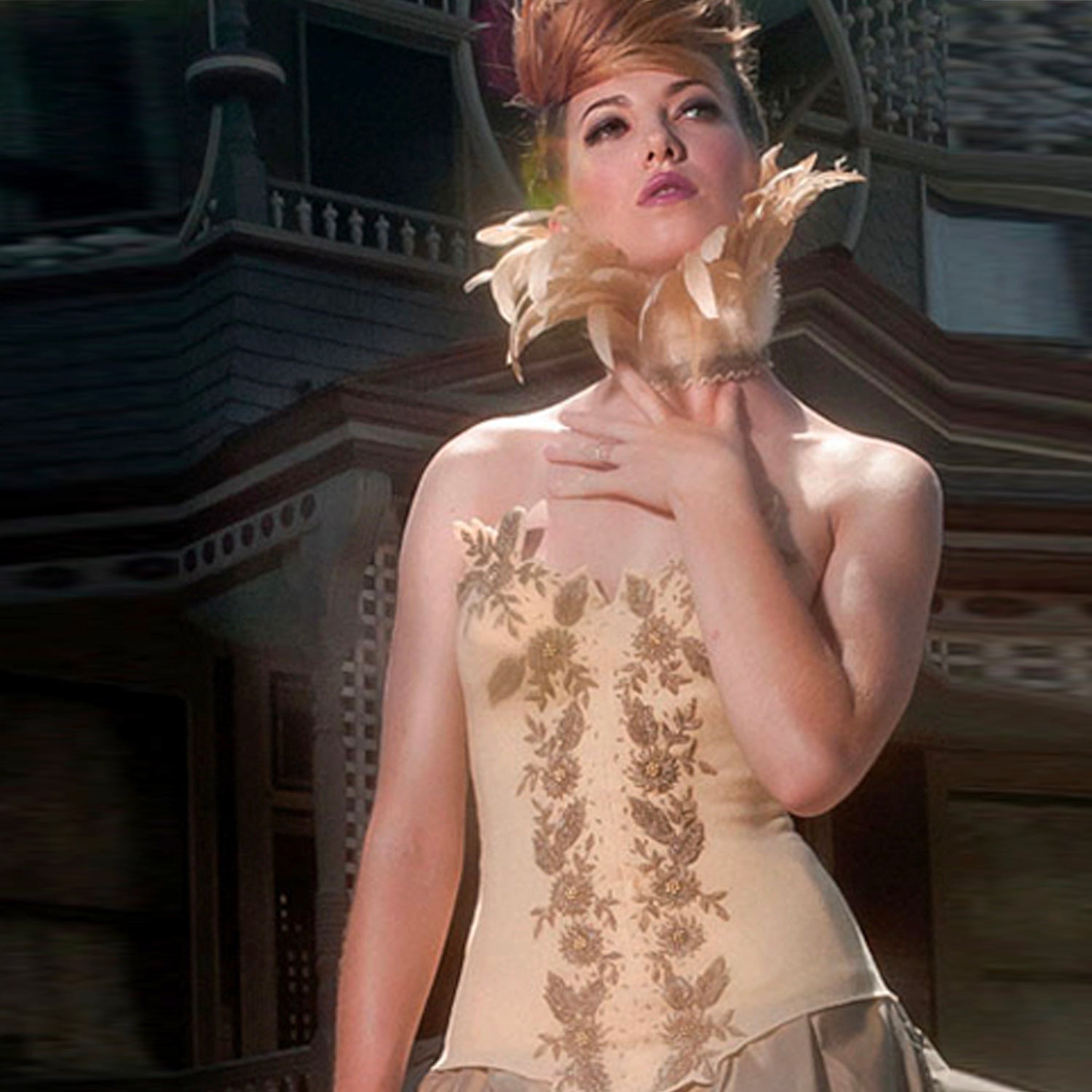 Irene model image Vintage beaded wool bustier in soft yellow and antique gold with illusion neckline and velvet halter tie by Deborah Lindquist.