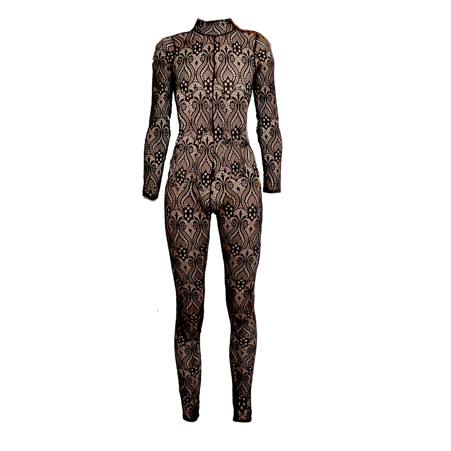 Ivey Catsuit – Long sleeve turtleneck lace catsuit with back zipper, made from sustainable deadstock fabric.
