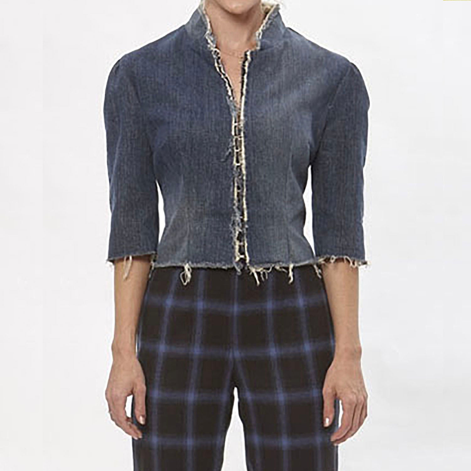 Medium Blue Joni Jacket: Cropped jacket in medium blue upcycled denim with ¾ gathered sleeves and raw-edge detailing.