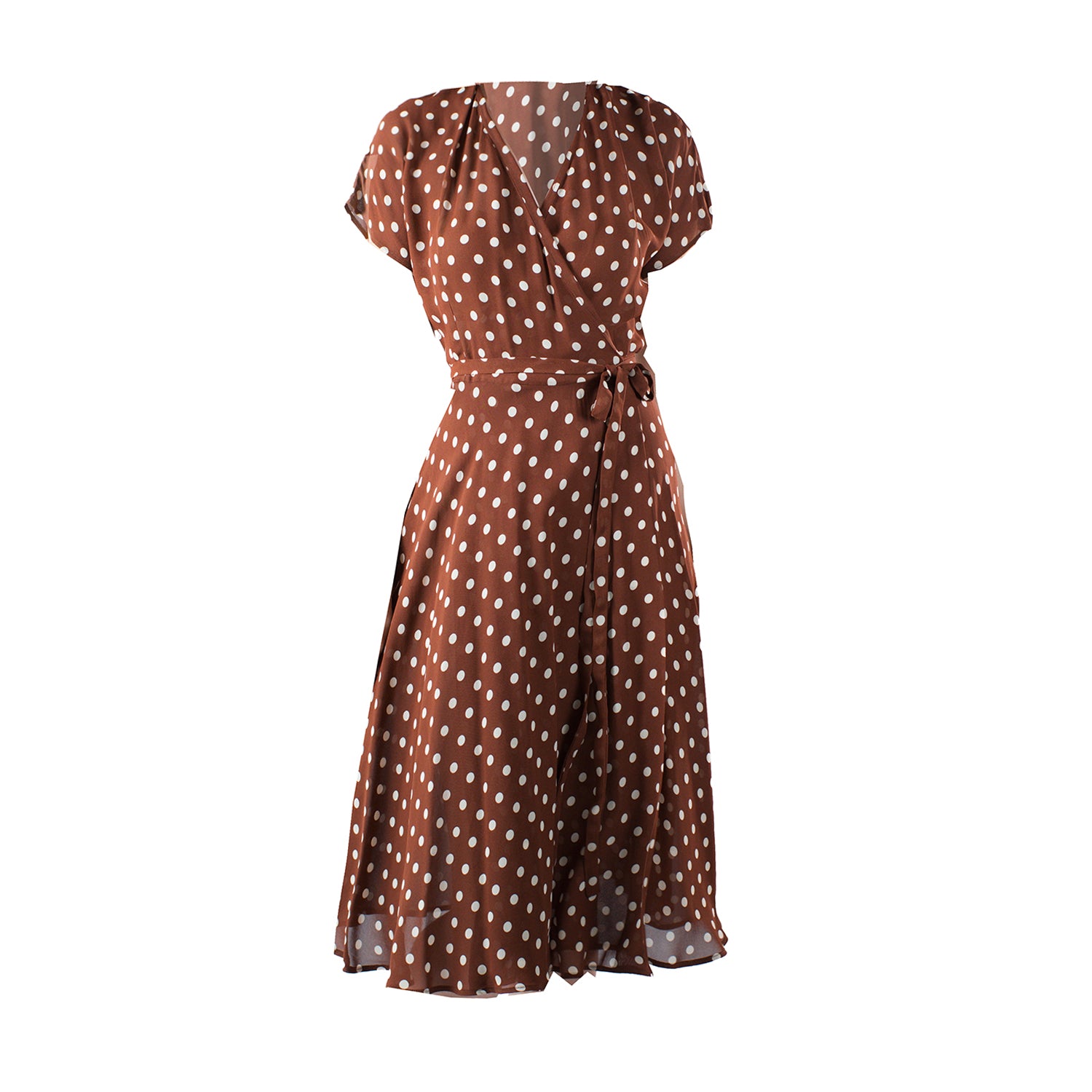 Julia Wrap Dress, a brown and cream polka dot wrap dress made from fluid deadstock rayon crepe with flutter sleeves and a flowing feminine silhouette.