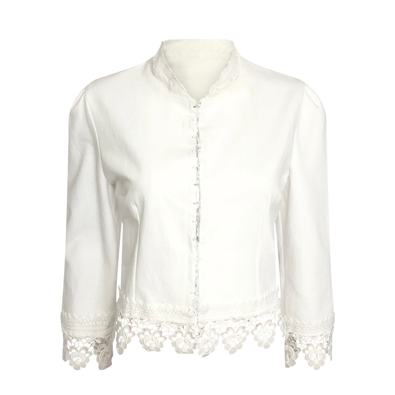 Lacey Jacket in white upcycled denim with corset back and organic cotton lace trim at sleeves and hem.