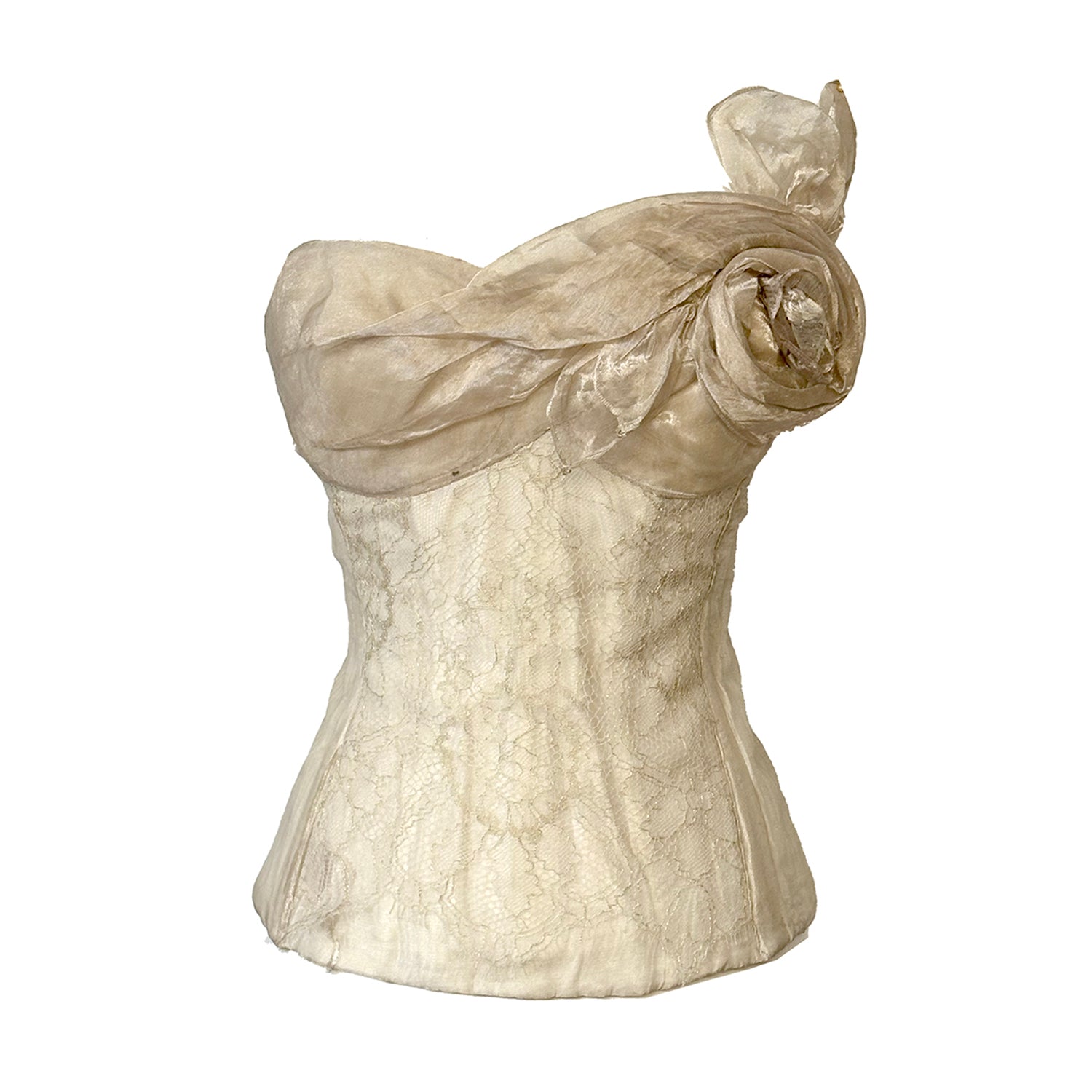 Lana Bustier – Vintage silk organza and metallic lace bustier with 3D floral bodice detail and hook-back closure