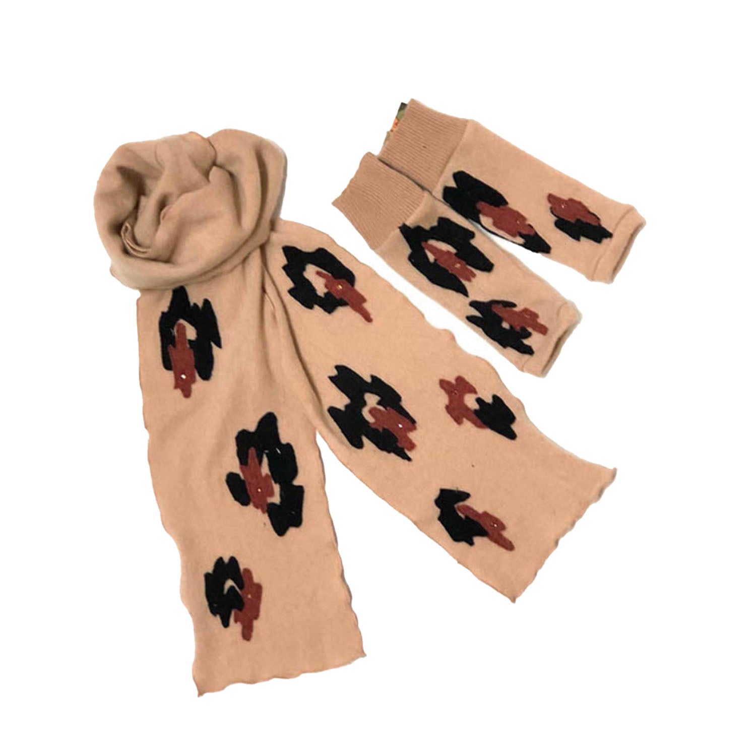 Tan cashmere scarf and fingerless glove set with black and rust leopard appliqué and rhinestone accents.