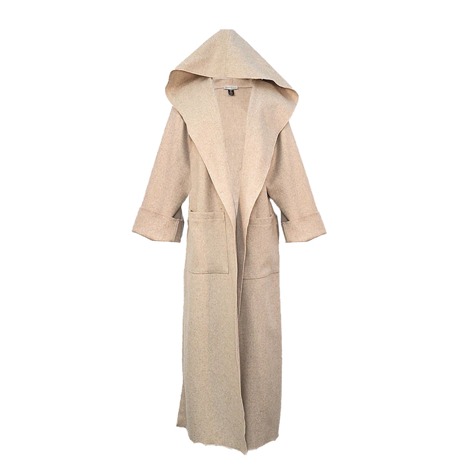 Full-length oatmeal wool coat with oversized hood, front pockets, and side slits — Angela coat made from deadstock fabric.