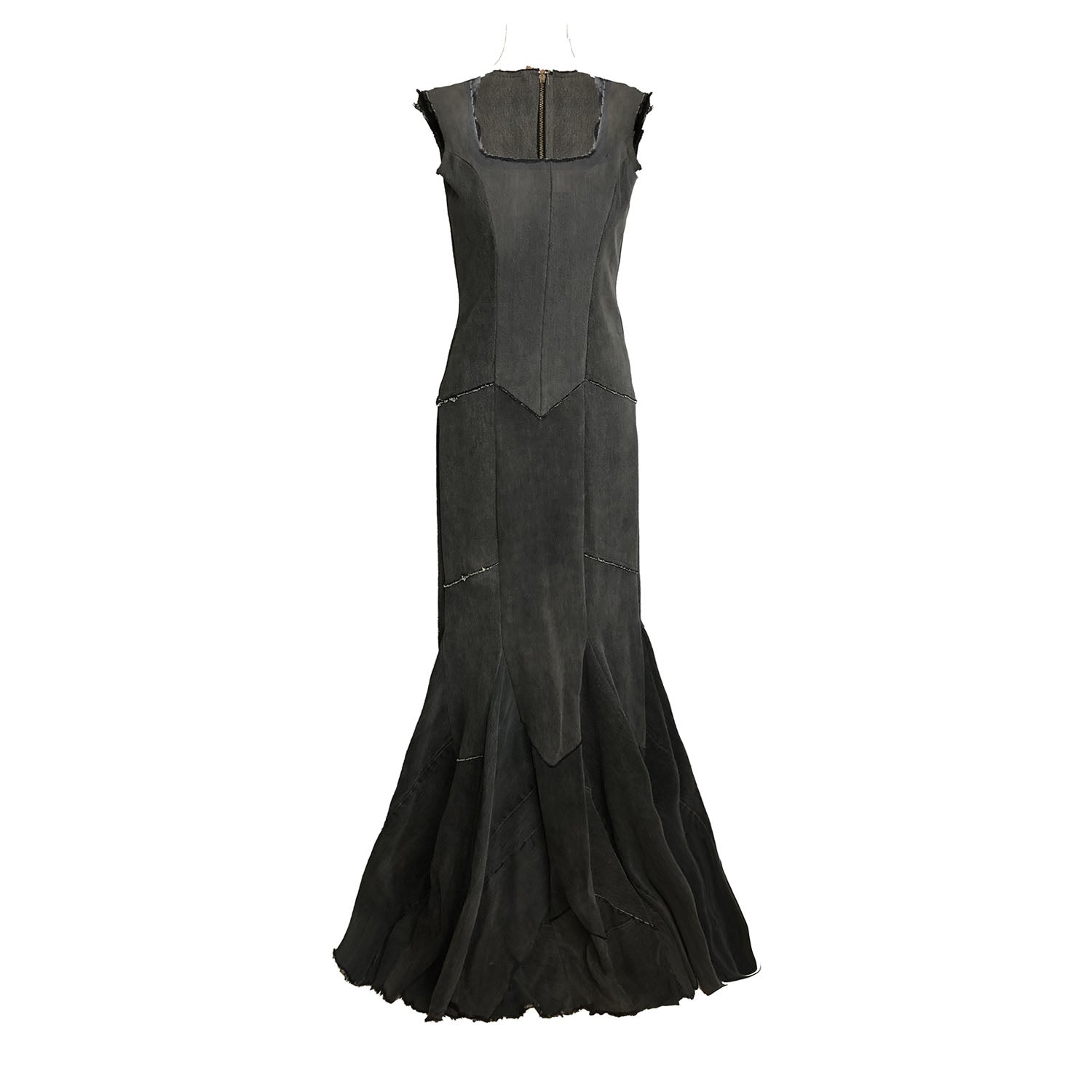 Diana Dress – sculpted mermaid gown in distressed black upcycled denim, raw-edged with exposed back zipper, 