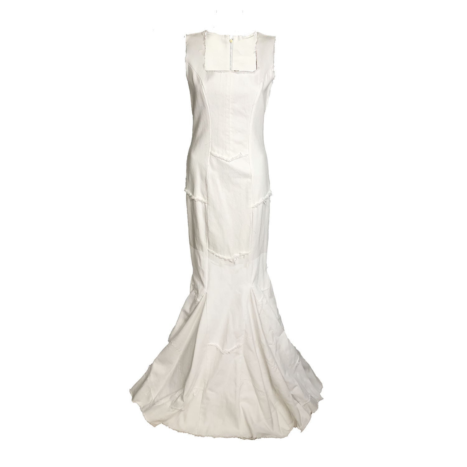 Diana Dress in white – mermaid silhouette gown made from upcycled white denim, raw-edged with exposed back zipper, sculpted and formal.