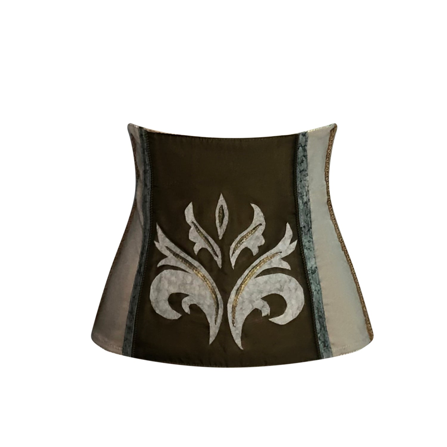 Mira Corset – One-of-a-kind corset made from parachute silk, fish skin leather, and vintage leather with applique front detail