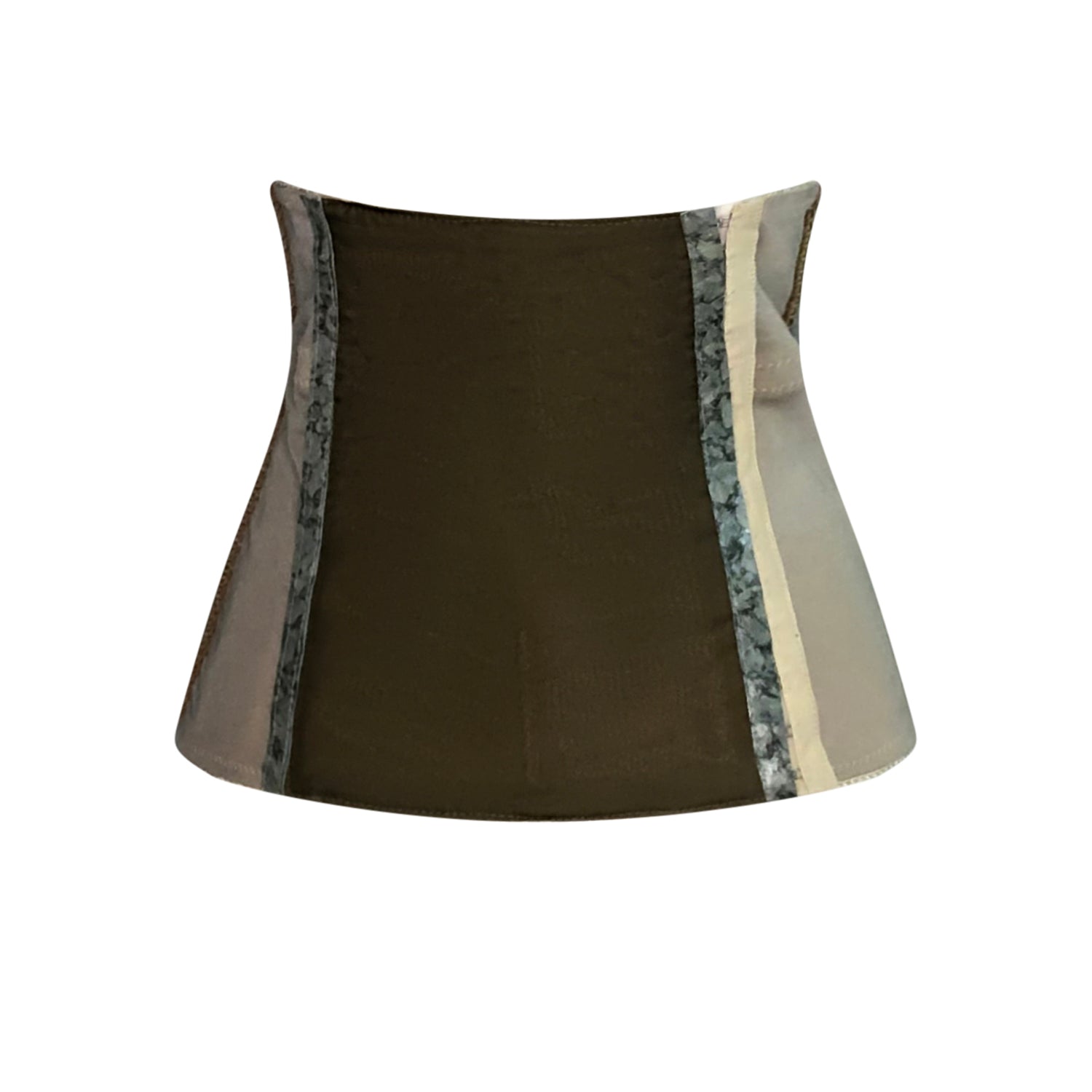 Mira Corset – One-of-a-kind corset made from parachute silk, fish skin leather, and vintage leather with applique front detail