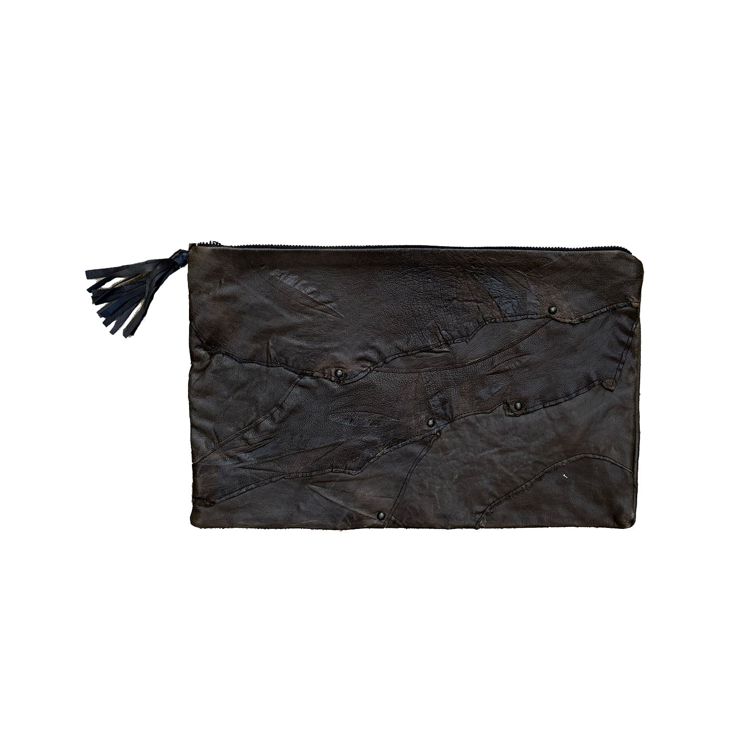 Eco-friendly leather clutch in black, grey, or tan with stud accents, tassel zipper pull, and detachable wrist strap.