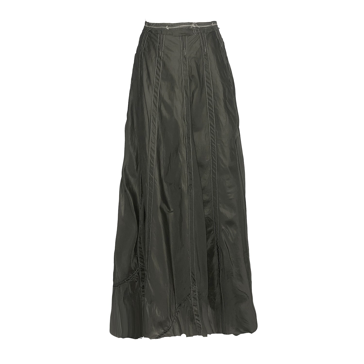 “Olivia Parachute Skirt in steel grey, flowing gored-panel silhouette made from upcycled military parachute nylon with unique seamline variations”