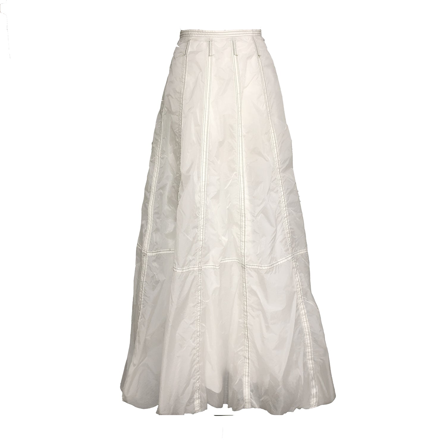 Olivia Parachute Skirt in white, gored-panel design with flared hem, made from lightweight upcycled military nylon with original seamline details”