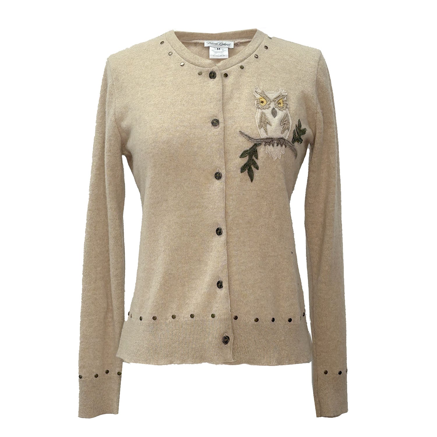 Owl Cardigan in oatmeal upcycled cashmere with front owl appliqué, metal buttons, and silver stud accents