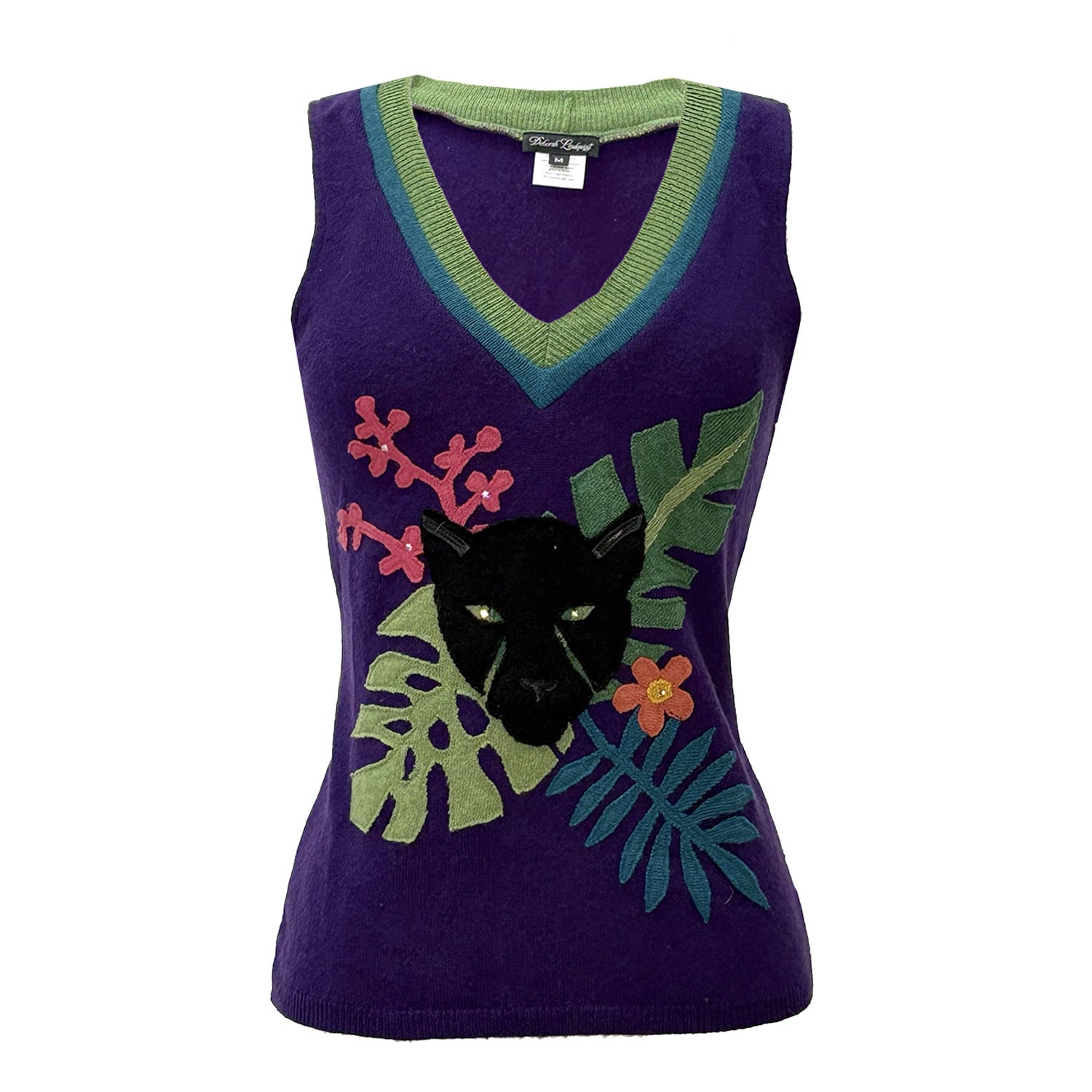 Purple upcycled cashmere sweater vest with green V-neck and black panther and jungle leaf appliqué design.