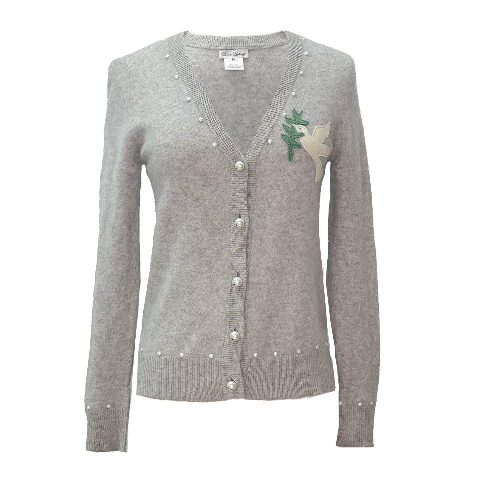 Heather grey V-neck cardigan with ivory dove and green olive branch appliqué, pearl buttons, and pearl stud detailing.