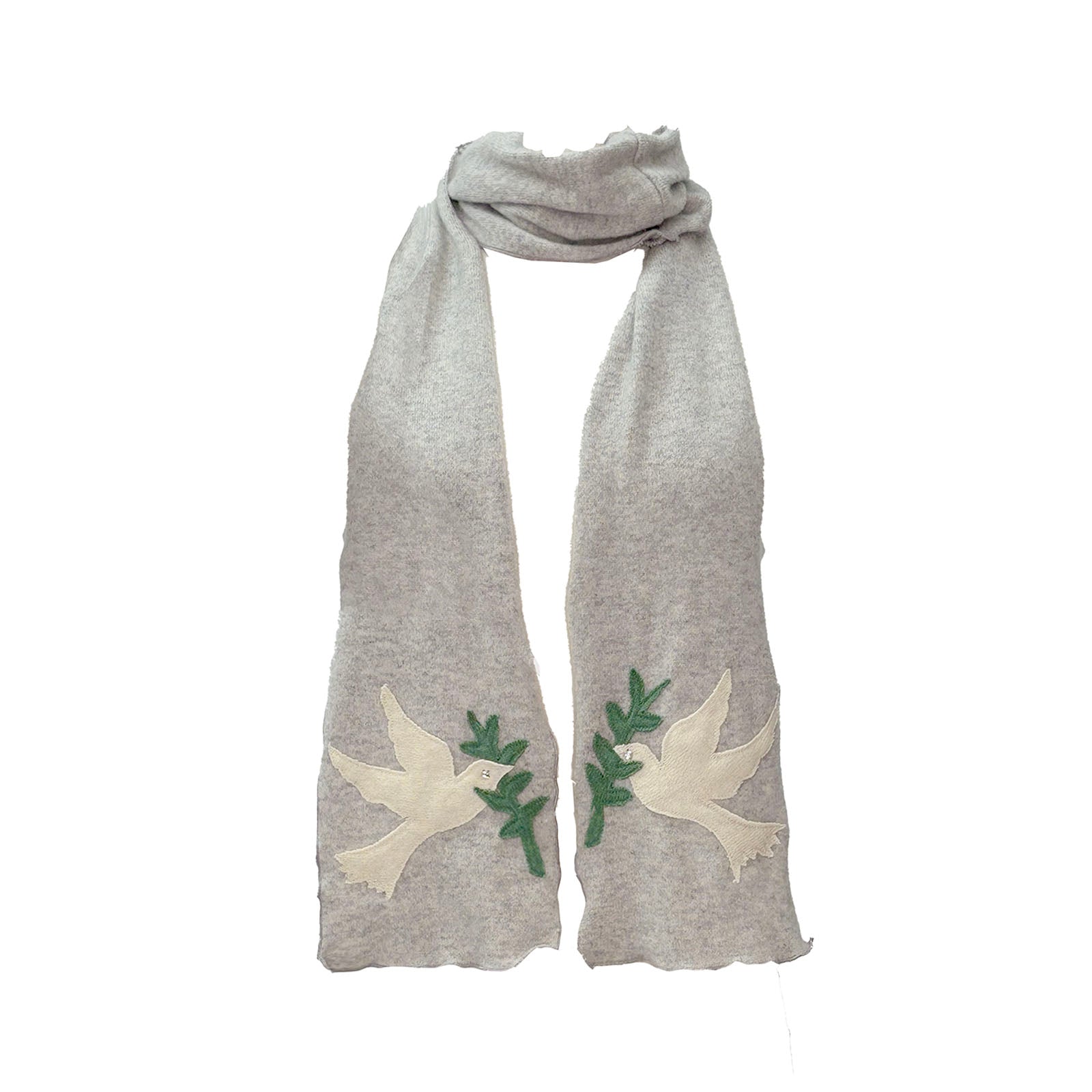 Heather grey cashmere scarf with mirrored ivory dove and green olive branch appliqués on each end.